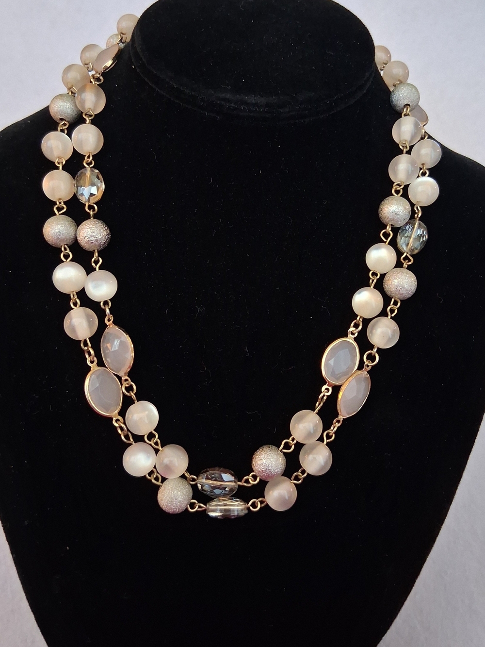 Vintage Ann Taylor Pastel Pink Faux Pearl & Crystal 18" Long Necklace
